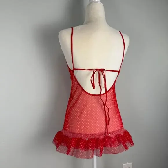 Red polka dot lace babydoll teddy mini slip dress bow lingerie - Leg Avenue - Picture 3 of 8